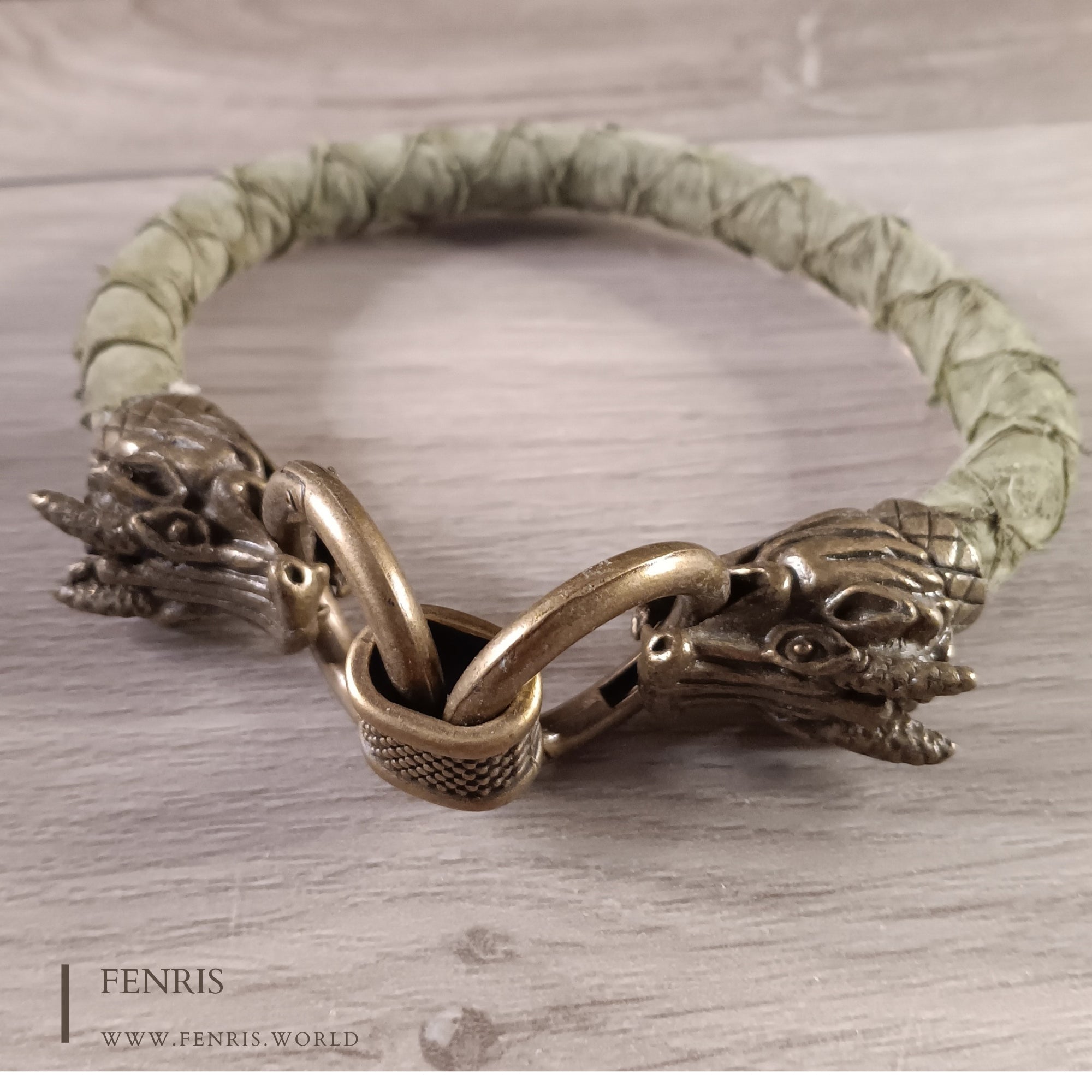 bronze dragon bracelet green leather 