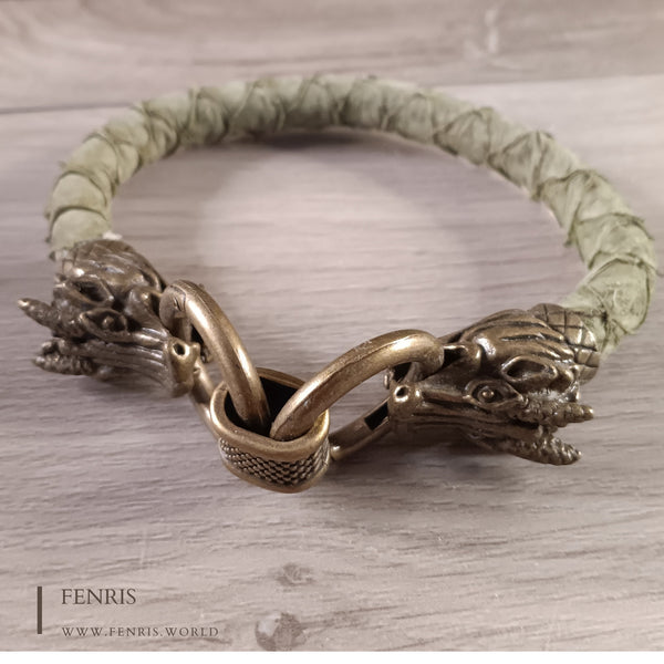 bronze dragon bracelet green leather 