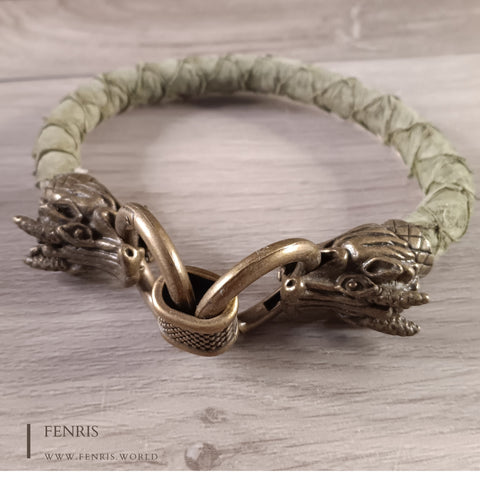 bronze dragon bracelet green leather 