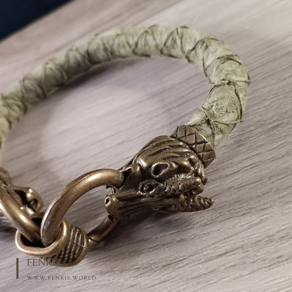 bronze dragon bracelet green leather 