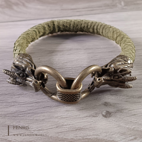 bronze dragon bracelet green leather