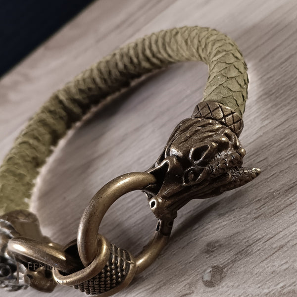 bronze dragon bracelet green leather