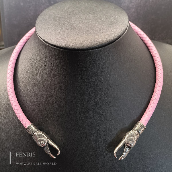 pink leather silver raven heads neck torc