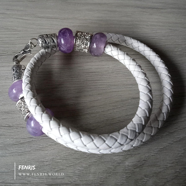 amethyst 925 silver white leather wrap bracelet