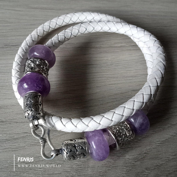 amethyst 925 silver white leather wrap bracelet