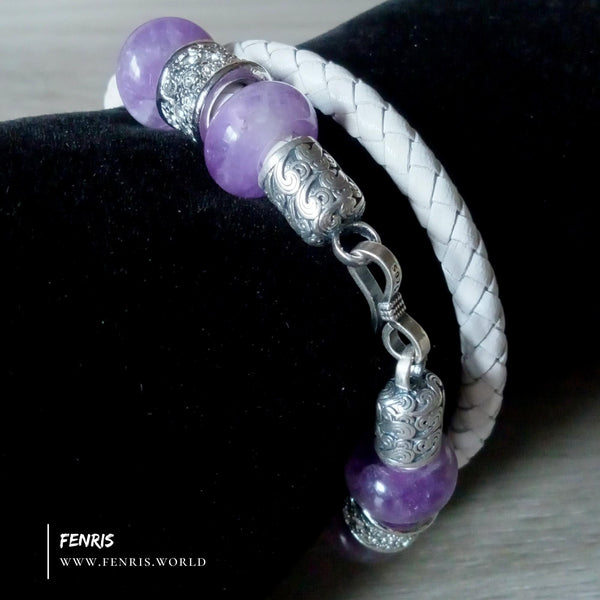 amethyst 925 silver white leather wrap bracelet