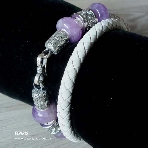 amethyst 925 silver white leather wrap bracelet