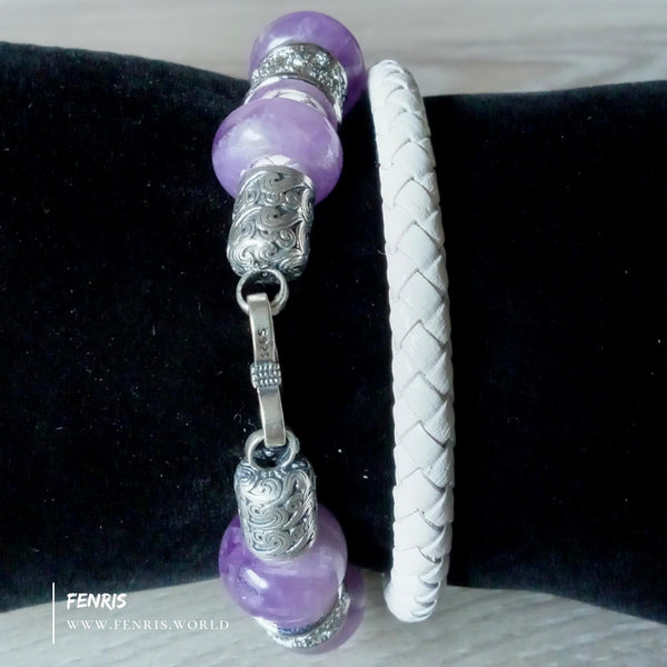 amethyst 925 silver white leather wrap bracelet