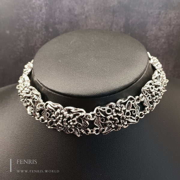 silver floral choker necklace