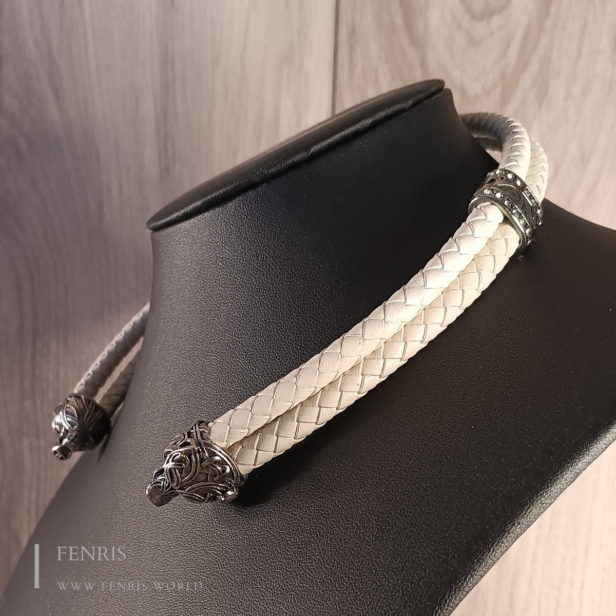 Wolf Torc Silver White Leather Double Band | Fenris