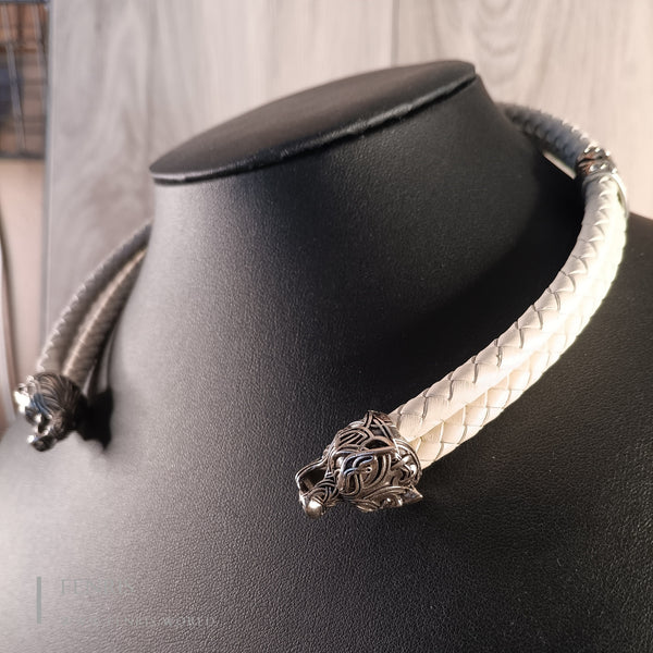wolf torc silver white leather