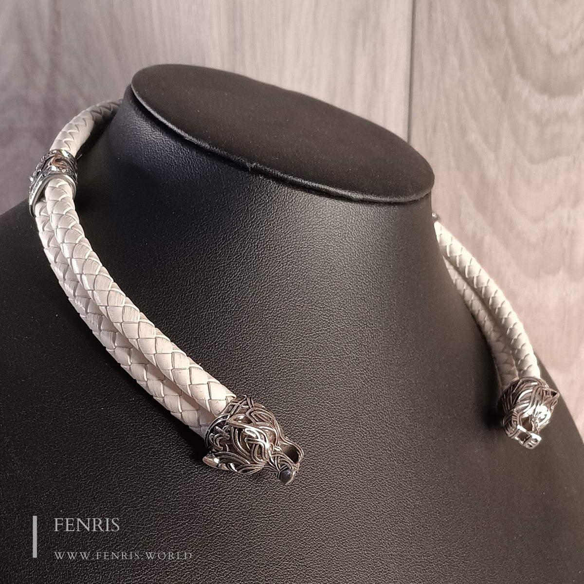 Wolf Torc Silver White Leather Double Band | Fenris