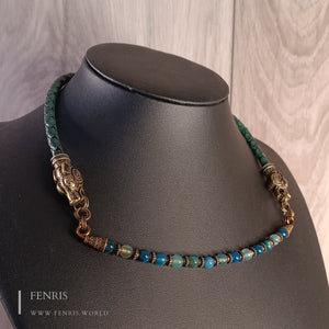 teal agate bronze wolf leather choker