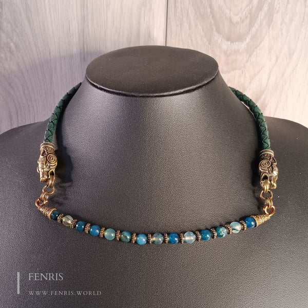 teal agate bronze wolf leather choker