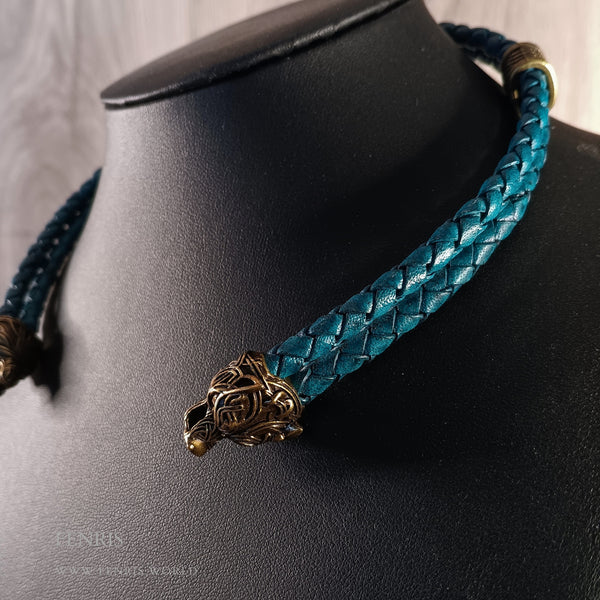 teal bronze wolf torc double leather