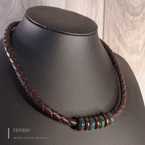 Choker Necklace Bronze Teal Agate Brown Leather