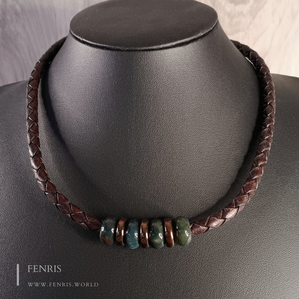 Choker Necklace Bronze Teal Agate Brown Leather