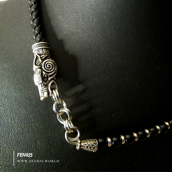 wolf choker silver black obsidian leather