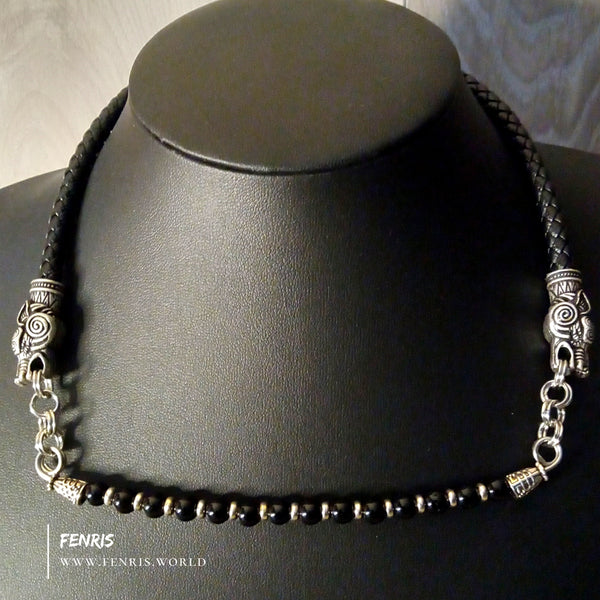 wolf choker silver black obsidian leather