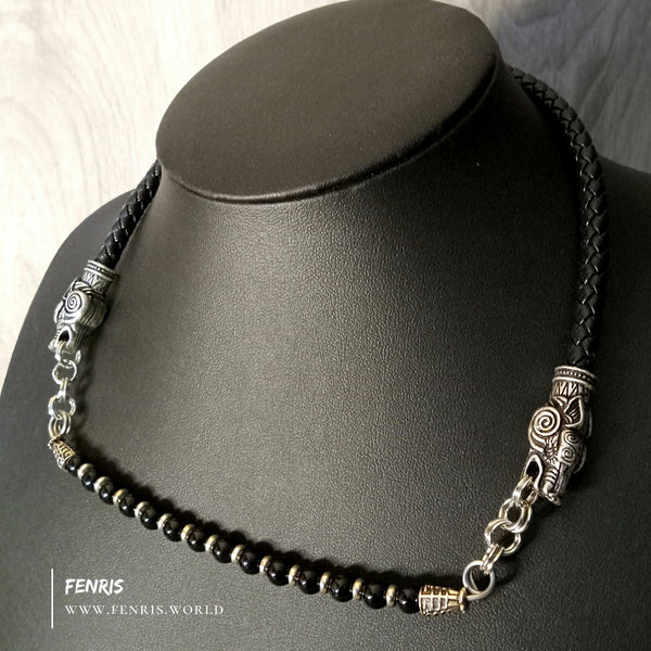 wolf choker silver black obsidian leather