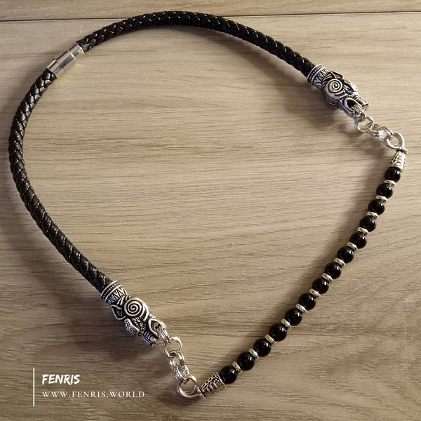 wolf choker silver black obsidian leather