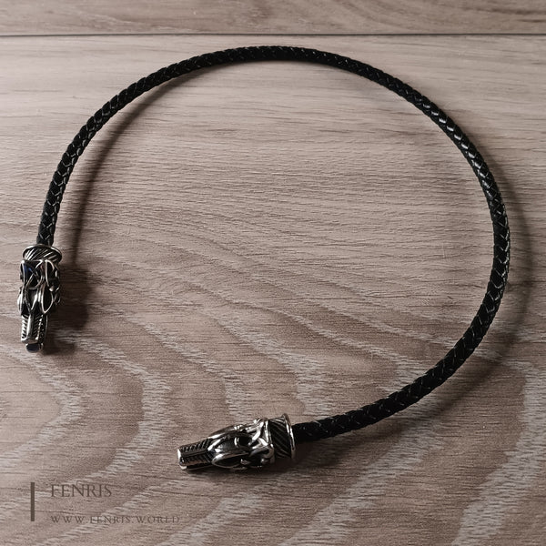 silver wolf torc black leather