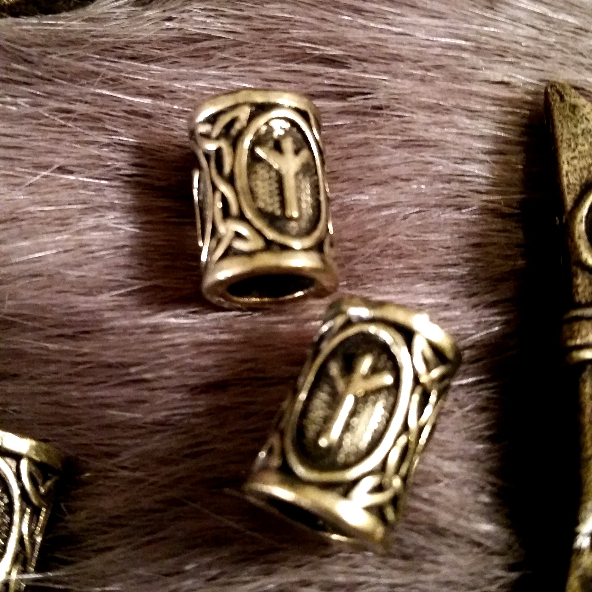 Viking Beard Braid Rune Beads 1 Pair Algiz Bronze LARP