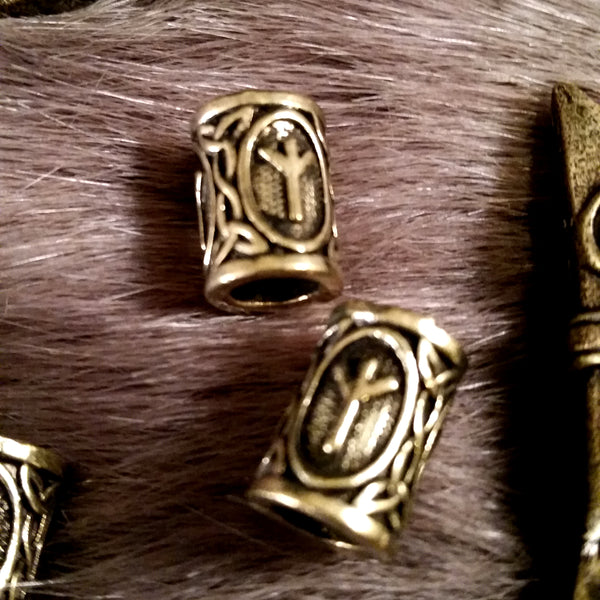 Viking Beard Braid Rune Beads 1 Pair Algiz Bronze LARP