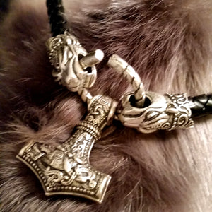 black leather silver leopard necklace thor's hammer LARP viking