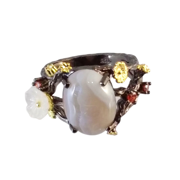 ring black gold agate plum blossom