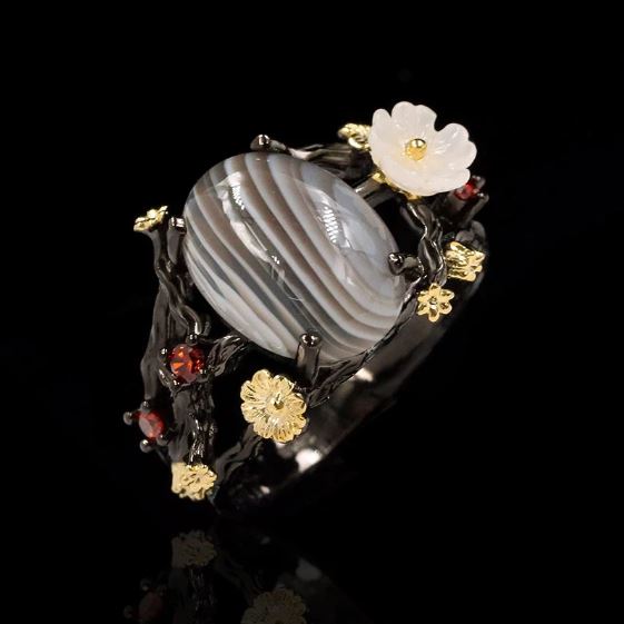 ring black gold agate plum blossom