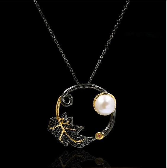 black gold necklace leaf pearl