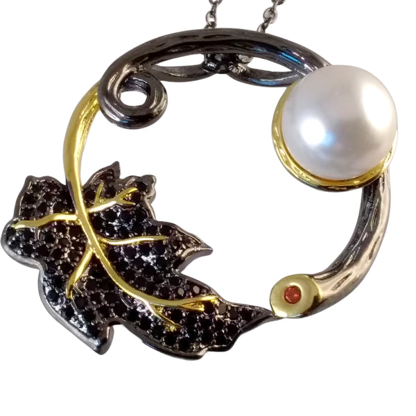 black gold necklace leaf pearl