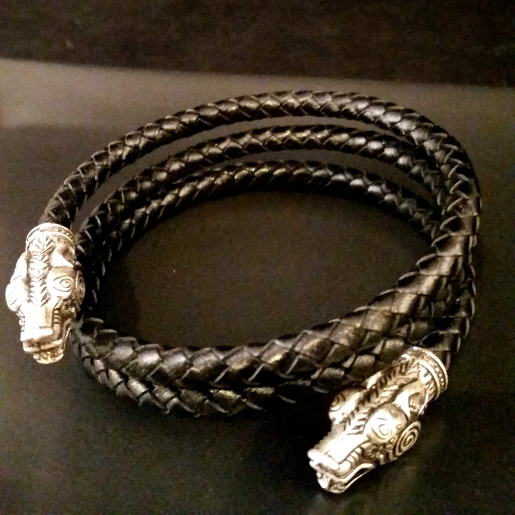 Torc Arm Rings Wolf Arm Ring Torc Bracelet Silver Black Leather Viking – Fenris