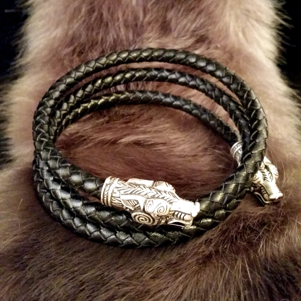 Torc Arm Rings Wolf Arm Ring Torc Bracelet Silver Black Leather Viking – Fenris