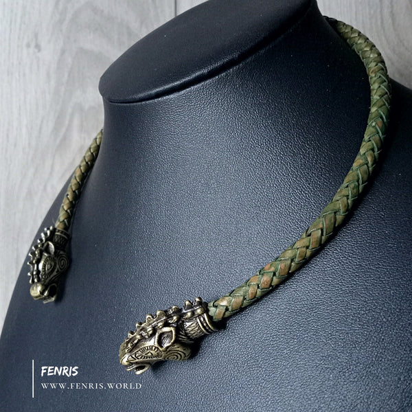 bronze stag torc green leather
