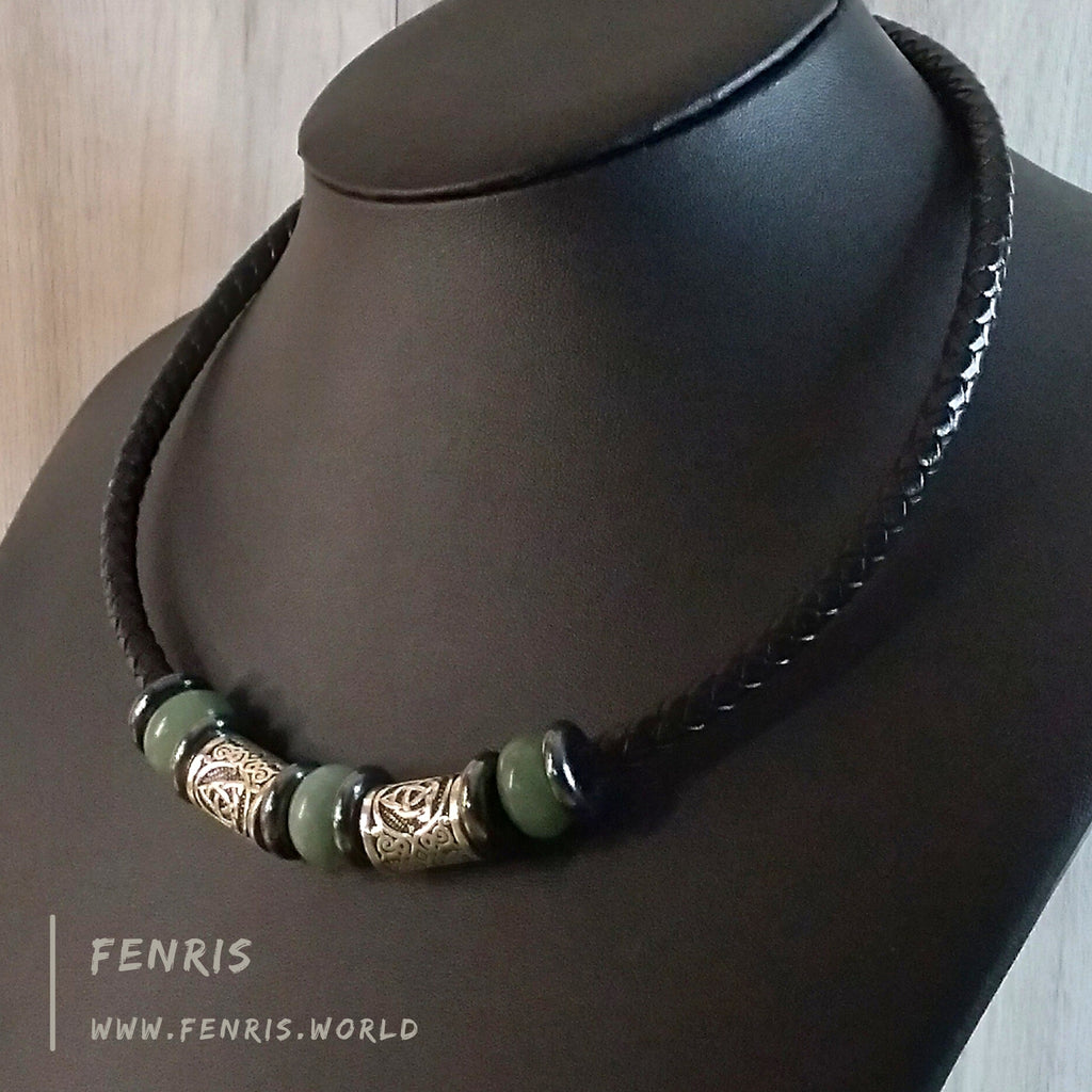 アクセサリー BG Celtic Choker Necklace Silver Jade Green Aventurine Black Leather