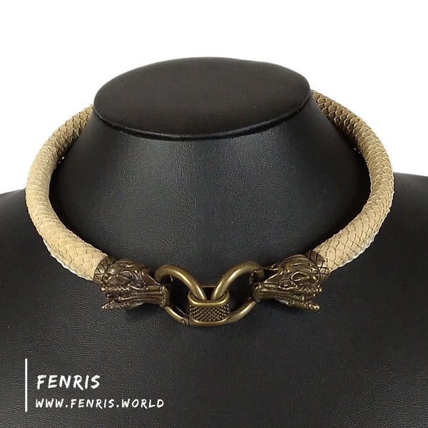 necklace choker leather dragon bronze tan scale fantasy