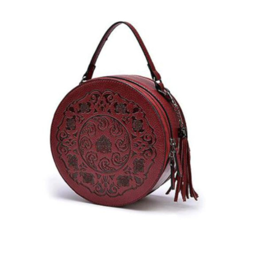 red leather handbag