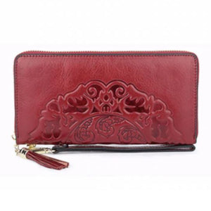 red leather clutch