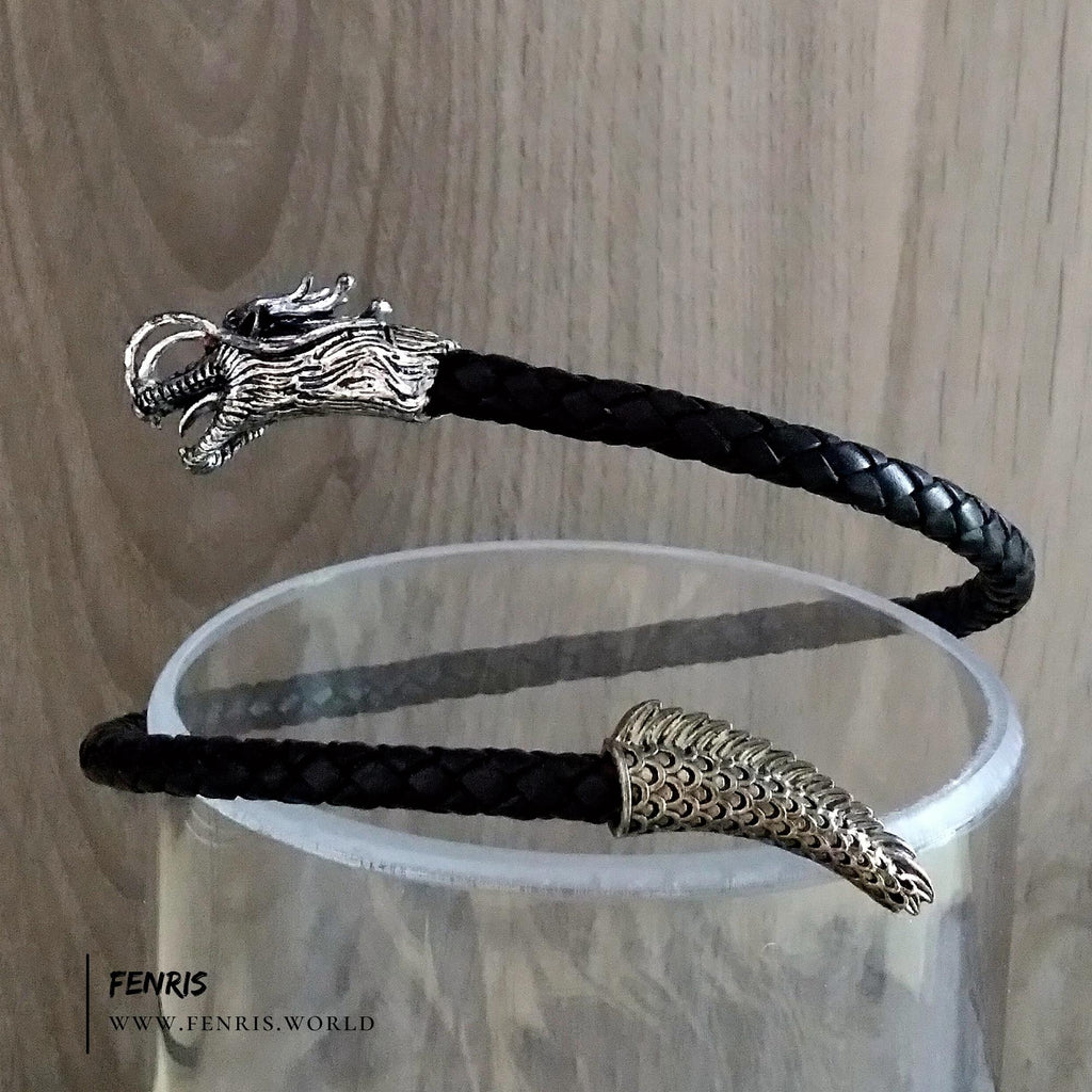 Dragon Arm Ring Torc Bracelet Silver Black Leather – Fenris