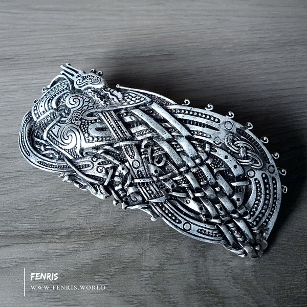 celtic viking dragon barrette silver