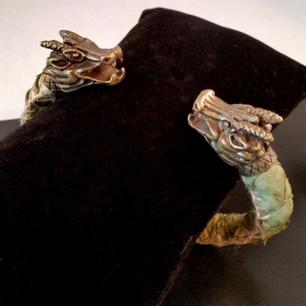Dragon Scale Leather Bronze Bracelet Torc Green