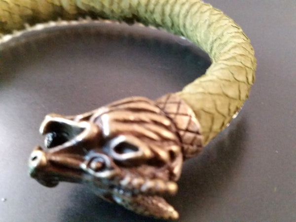 Dragon Scale Leather Bronze Bracelet Torc Green