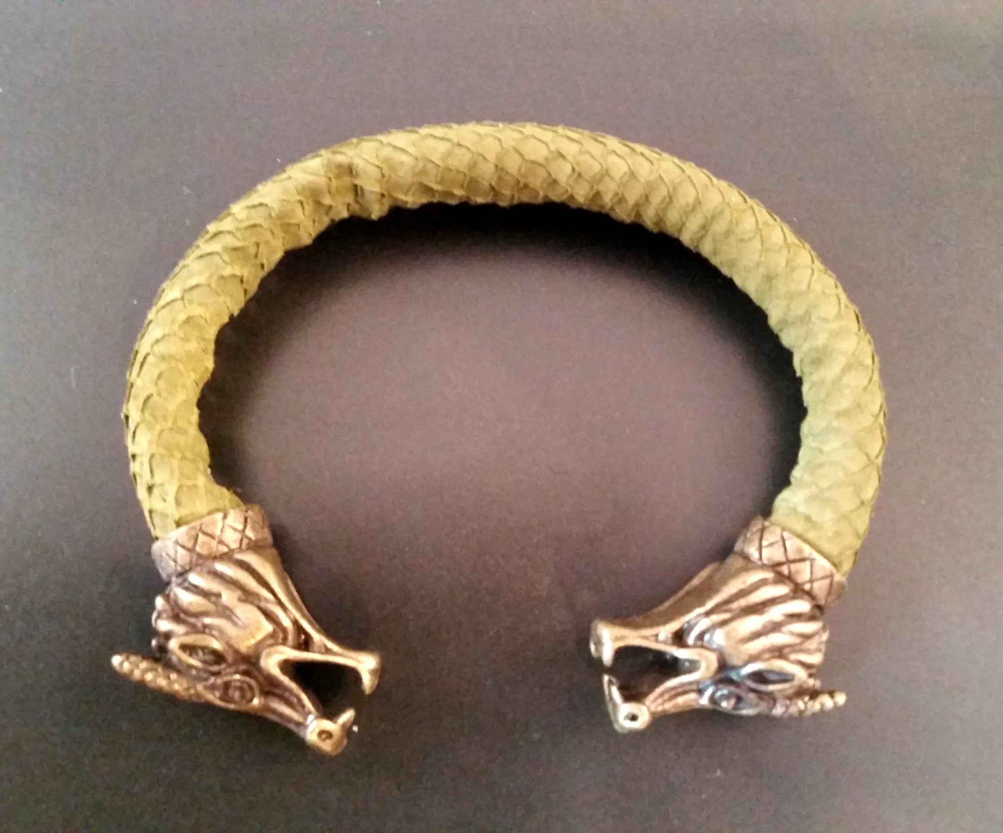 Dragon Scale Leather Bronze Bracelet Torc Green