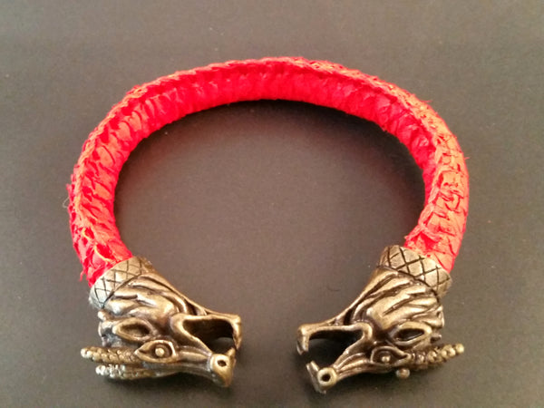 Dragon Scale Leather Bronze Bracelet Torc Red