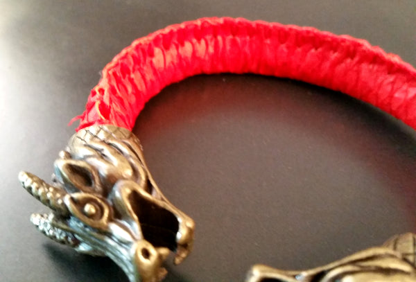 Dragon Scale Leather Bronze Bracelet Torc Red