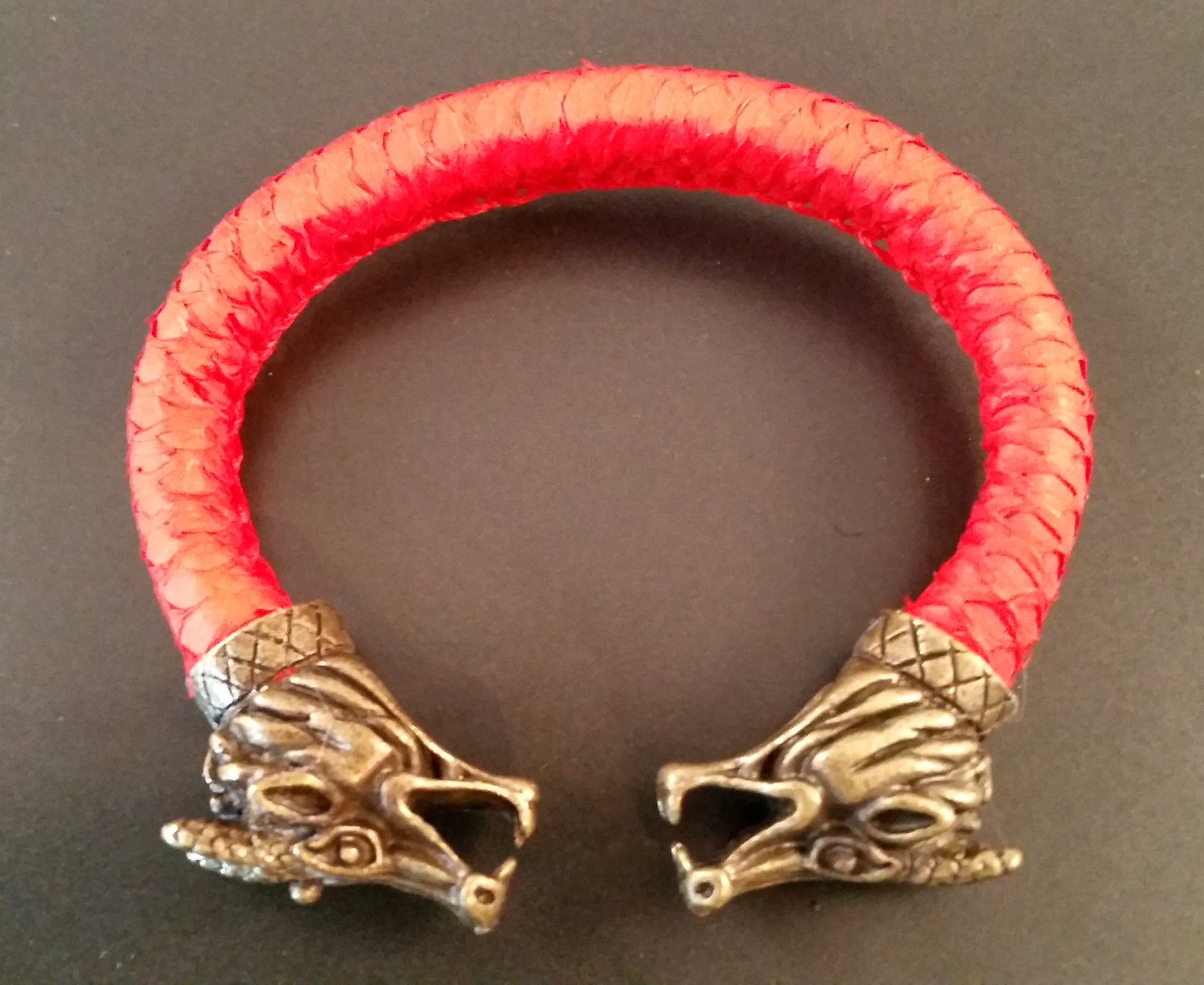 Dragon Scale Leather Bronze Bracelet Torc Red