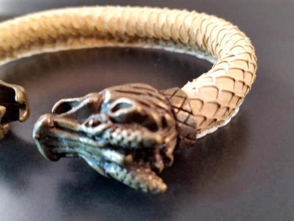 Dragon Scale Leather Bronze Bracelet Torc Beige