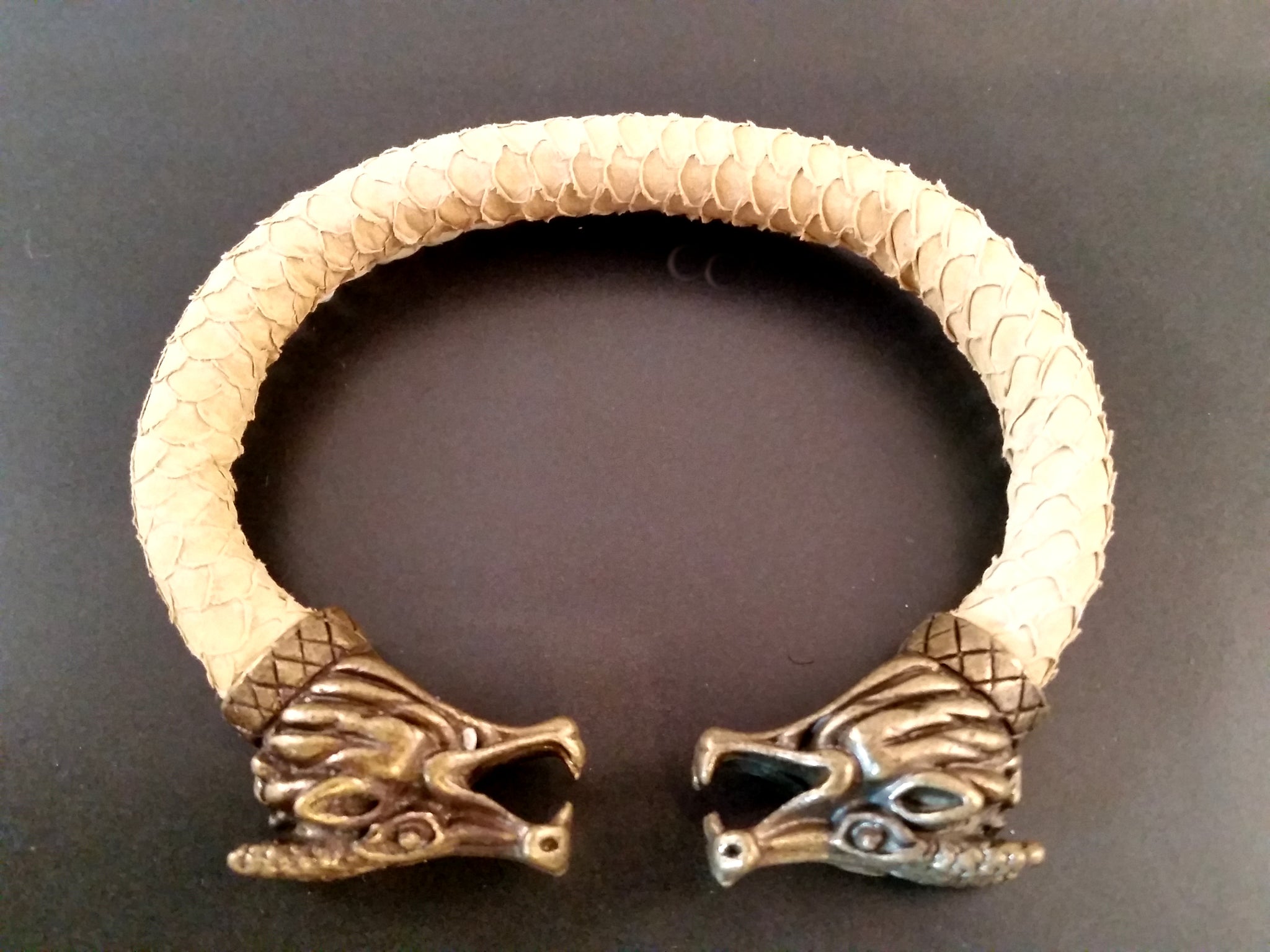 Dragon Scale Leather Bronze Bracelet Torc Beige